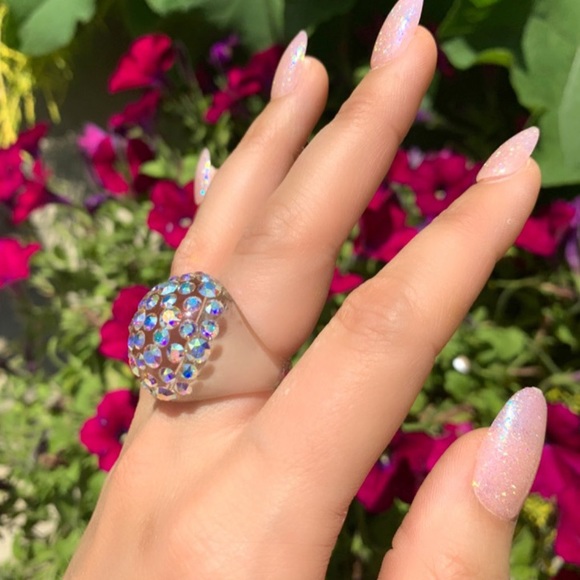 Aurora Borealis Swarovski Crystal Ring, Clear Lucite Ring, AB Crystal Dome Ring - Picture 8 of 10